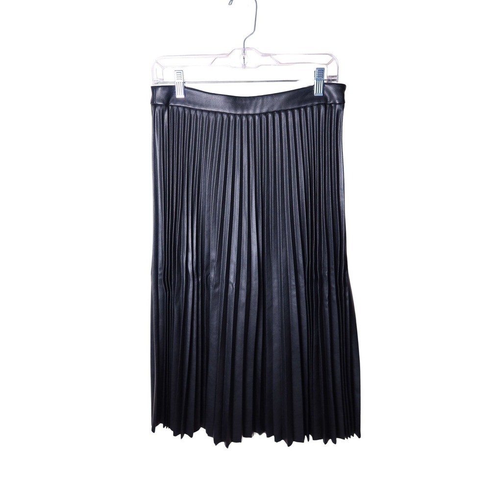 Lucy Paris Women's M Black Faux Leather Pleated Midi Skirt High Waist